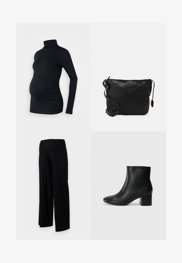 Fekete, hosszú ujjú garbó felső, rugalmas anyagból, amely a terhes pocaknak is megfelelő, oldalán húzott részletekkel.; Fekete, bőszárú nadrág, rugalmas derékkal és sima, rugalmas textúrával. Egyszerű dizájnnal rendelkezik, minták vagy díszítések nélkül.; Fekete bőr bokacsizma hegyes orral és vastag sarokkal. Sima felület minimális díszítéssel és karcsú, passzos kialakítással.; Fekete bőr keresztpántos táska lapos formával, arany fémrészekkel és állítható pánttal. Simább textúra minimális varrási részletekkel.