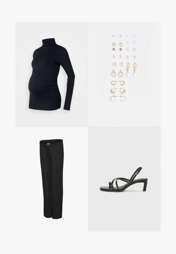 Czarny długi rękaw golf z elastycznego materiału, zaprojektowany z myślą o ciążowym brzuszku, z dekoracyjnym marszczeniem po bokach.; Czarne, prążkowane spodnie szerokie z elastycznym pasem. Miękka tkanina, pełna długość, bez widocznych elementów metalowych ani akcentów.; Czarne sandały na obcasie z prostokątnym noskiem i niskim słupkowym obcasem. Posiadają wiele cienkich pasków i regulowany pasek na kostkę. Wykonane z gładkiej skóry.; Zestaw kolczyków w kolorze złotym, zawierający różne wzory, w tym klipsy, kółka oraz zwisające elementy z perłami i cyrkoniami.