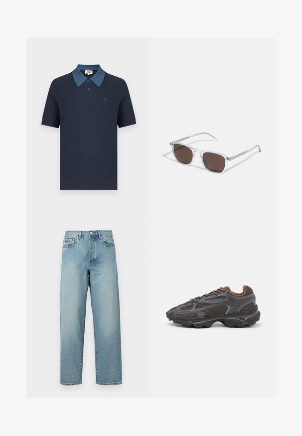 Polo azul-marinho com gola azul contrastante, mangas curtas, tecido texturizado e um pequeno coração bordado no peito.; Jeans de denim azul claro com um corte solto, pernas retas, design de cinco bolsos e fecho de botão na cintura. Detalhe de costura minimalista.; Ténis Lacoste em cinza-escuro com material em malha e sintético, apresentando uma sola texturizada e detalhes castanhos na gola e na marca.; Óculos de sol transparentes com lentes retangulares castanhas, apresentando hastes finas e transparentes e detalhes em metal nas laterais.