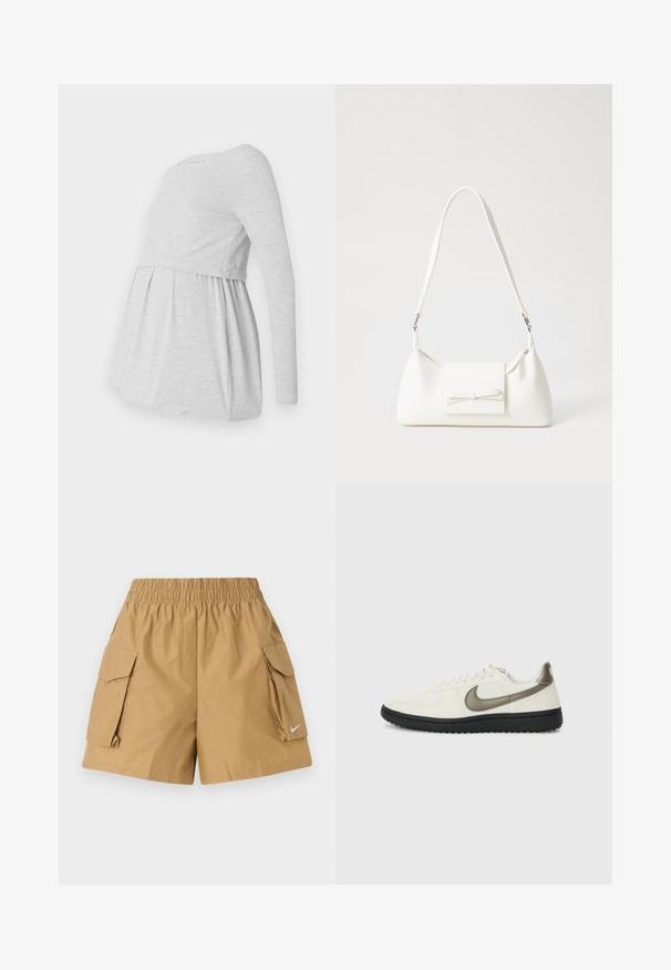 Světle šedá těhotenská halenka s dlouhým rukávem, kulatým výstřihem, volným A-liniovým designem a nařaseným materiálem pod prsy pro pohodlí.; Béžové cargo šortky s elastickým páskem, dvěma bočními kapsami a malým bílým logem. Vyrobeny z lehkého texturovaného materiálu.; Nike Sportswear FIELD GENERAL - Tenisky - off-white/black; Bílá syntetická kabelka v trojúhelníkovém tvaru, s plochým předním klopným víkem a detailem mašle, nastavitelným popruhem, hladkým povrchem a minimalistickým designem.
