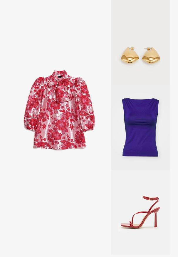 Violet bežis rankovių viršus pagamintas iš lygaus, tampraus audinio. Jis turi prigludusią formą su švelniu drapavimu aplink kaklą ir šonu.; Raudona gėlėta palaidinė su pūstomis rankovėmis, aukštu kaklu ir kaspino detalėmis. Pagaminta iš blizgaus audinio, kuriame yra didelių gėlių raštas rožiniame fone.; ALDO SCINTILLA - Aukštakulniai sandalai - red; Raudona odinė petinė rankinė su lygia tekstūra, išlenktu dizainu ir dekoratyvine sagtimi. Reguliuojama petneša ir užtrauktukas.; Auksinės metalinės auskarai su lygia, suapvalinta trikampio forma ir užsegimu; blizgus paviršius su minimaliais dekoratyviniais elementais.