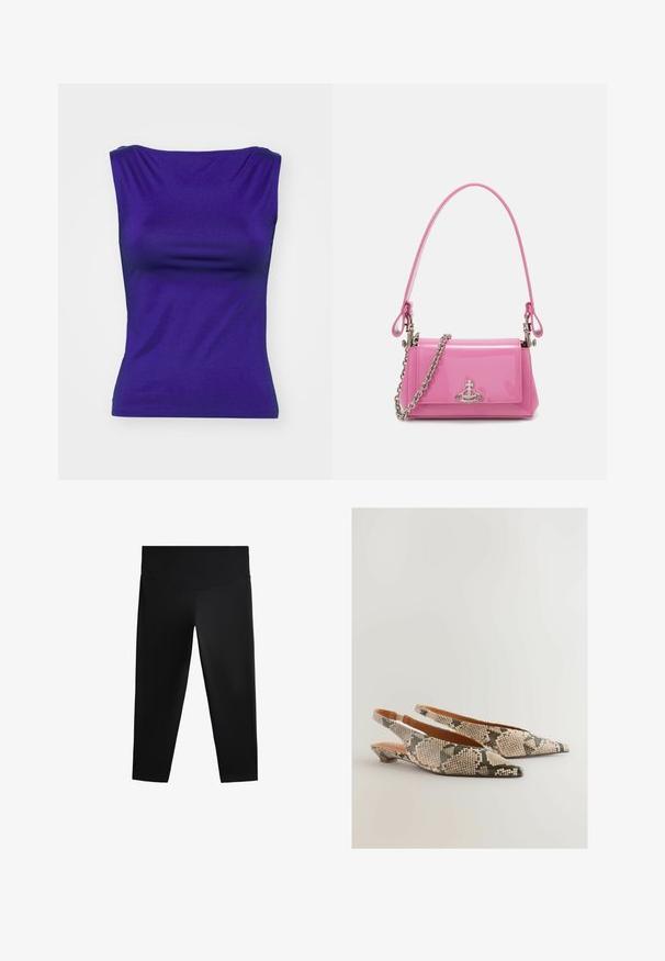 Fialový bezrukávový top vyrobený z hladkého, elastického materiálu. Má priliehavý strih s jemným drapériou na výstrihu a po boku.; Čierne športové legíny s vysokým pásom, hladkým materiálom a priliehavým strihom, navrhnuté pre pohodlný pohyb a komfort.; Next REGULAR FIT FOREVER COMFORT POINT TOE - Balerínky na šnúrky - snake; Ružový lesklý kožený kabelka s obdĺžnikovým tvarom, odnímateľným reťazovým popruhom a striebornými kovovými detailmi na prednej strane.