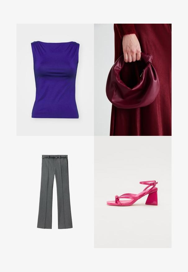 Top morado sin mangas con un material liso y elástico. Presenta una forma ajustada con un suave drapeado en el escote y los laterales.; Pantalones grises confeccionados a medida con un diseño de pierna recta, tejido ligero, presillas para cinturón y un cinturón estrecho con una hebilla plateada.; Sandalias de tacón de charol rosa con punta cuadrada, tiras estrechas y un tacón geométrico cuadrado. Presenta un detalle de hebilla en la tira.; Bolso de cuero burdeos con un diseño suave y recogido y una forma redondeada. La asa está asegurada, mostrando una textura lisa.