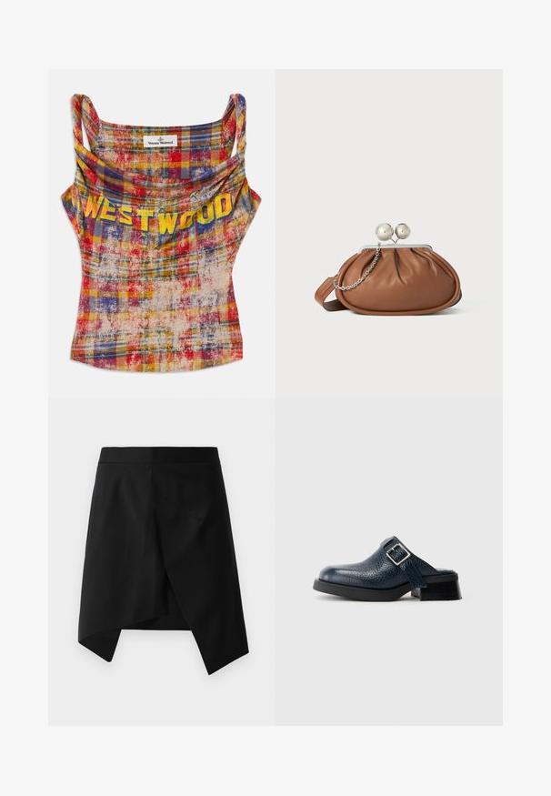 Lühendatud, ruuduline top erksas punases, kollases ja sinises. Omab langevat kaelust ja julgeid kollaseid "WESTWOOD" tekste. Pehme, tekstuuriga kangas.; Must mustreid mustikaliine seelik, millel on siledad tekstuurid, terav kolmnurkne äär ja minimalistlik disain. Lame vöökoht, nähtavat riistvara pole.; Tumesinine nahkaklapid tekstureeritud pinnaga, külgrihma ja hõbedase pandlaga, madalal mustal kontsal ja tugeva tallaga.; Pruun nahast klambriga rahakott, millel on hõbedane palli klamber ja väike hõbedane kett detail, valgel taustal.
