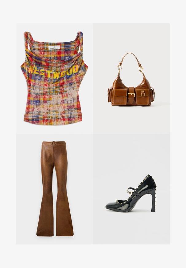 Ryškiai raudonas, geltonas ir mėlynas margas nusmukęs liemenukas. Sukurtas su drapiruotu iškirpimu ir rausvos spalvos „WESTWOOD“ tekstu. Minkšta, tekstūruota medžiaga.; Rudos flared tipo kelnės pagamintos iš tekstūruoto audinio. Turi lygų juosmens diržą su metaliniu apvaliu sagtimi.; Juodas patentinis odinis aukštakulnis batelis su smailiu nosiu, kulkšnies dirželiu ir auksiniais studų akcentais aplink kraštus.; Ruda odinė rankinė su išlenkta forma, dvigubais auksinės spalvos detalėmis, dviem priekiniais kišenėmis ir plačia dirželiu. Lygi tekstūra su blizgiu paviršiumi.