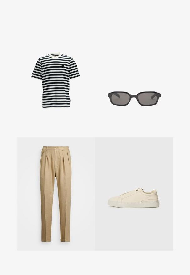 T-shirt z krótkim rękawem w granatowo-białe poziome paski, z okrągłym dekoltem i małym czarnym logo w kształcie łatki po lewej stronie klatki piersiowej.; Beżowe lniane spodnie o prostym kroju, z dwoma fałdami z przodu, z zapięciem na guzik i kieszeniami po bokach. Teksturowana tkanina o gładkim wykończeniu.; Beżowe skórzane sneakersy z zaokrąglonym noskiem, minimalistycznym designem, subtelnymi przeszyciami i teksturowaną cholewką, na jasnej podeszwie.; Czarne prostokątne okulary przeciwsłoneczne z ciemnoszarymi soczewkami, posiadające grubą plastikową oprawę i gładką teksturę. Brak widocznego logo.