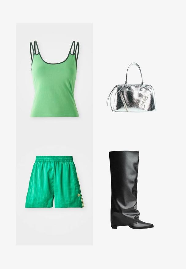 Top verde cu bretele subțiri, decolteu rotund și margine verde închis. Fabricat dintr-un material neted și elastic. Design ajustat, fără modele.; Shorts sportive verzi cu dungi verticale albe, talie elastică și accente laterale galbene. Prezintă un mic logo auriu în colțul din stânga jos.; Bocanci negri din piele până la genunchi, cu o textură netedă, design lejer, vârf ascuțit și toc pătrat mic. Stil minimalist fără elemente de hardware vizibile.; Geantă argintie metalizată cu o formă structurată, două mânere superioare și buzunare cu fermoar în față. Textură netedă și strălucitoare.