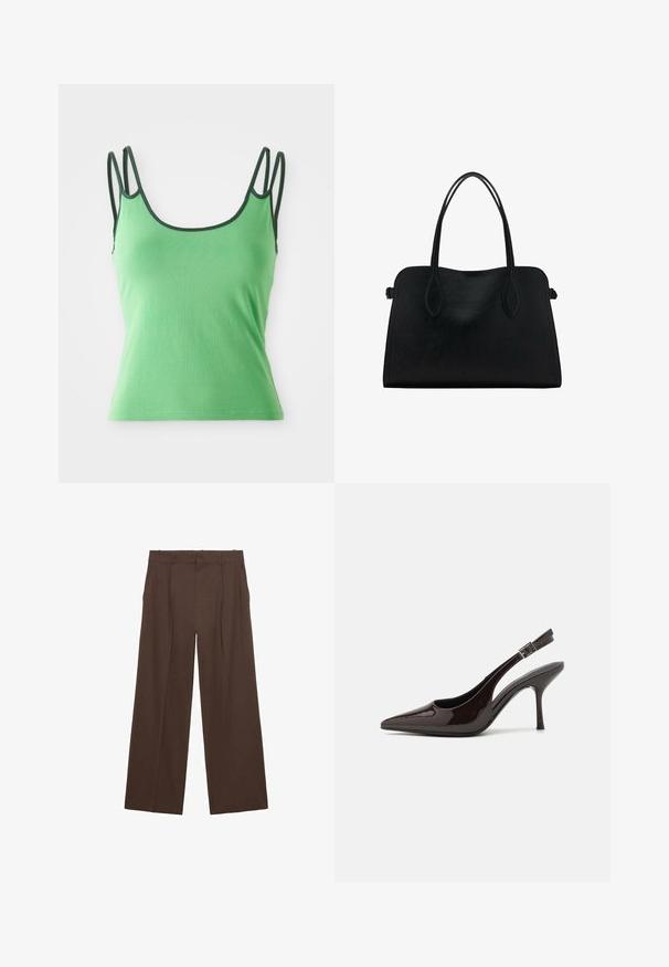 Vihreä hihaton paita ohuilla olkaimilla, pyöreällä kaula-aukolla ja tummanvihreällä reunuksella. Valmistettu sileästä, joustavasta kankaasta. Vartalonmyötäinen malli, ilman kuvioita.; Ruskeat leveälahkeiset housut, jotka on valmistettu sileästä kankaasta. Niissä on korkea vyötärö, etusilkkukkeet ja kaksi sivutaskua.; Korkokenkät tummanruskeasta kiiltävästä patenttinnahasta, teräväkärkiset, avoimet sivut ja säädettävä nilkkaremmi.; Mustavihreä nahkalaukku, jossa on kaksinkertaiset olkahihnat, suorakaiteen muotoinen ja minimalistinen muotoilu valkoisella taustalla.