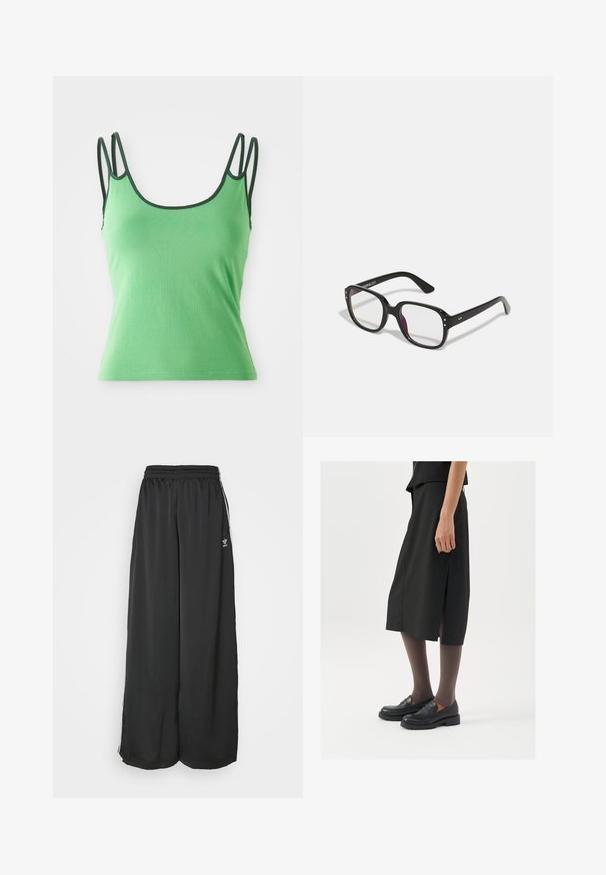 Top verde con tirantes finos, escote redondeado y ribete verde oscuro. Fabricado en una tela suave y elástica. Diseño ajustado, sin patrones.; Pantalones de chándal negros de corte holgado, fabricados en un tejido suave. Cuentan con una cintura elástica y rayas laterales con acentos de logo.; Falda negra hasta la rodilla con abertura lateral, combinada con mocasines negros y medias marrones transparentes, con una tela suave y diseño sencillo.; Gafas rectangulares negras con lentes transparentes, con bordes redondeados y acentos laterales, con un acabado brillante en el marco y las patillas.