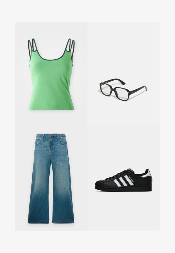 Groene tanktop met dunne bandjes, ronde halslijn en donkergroene afwerking. Gemaakt van een soepele, rekbare stof. Fitted ontwerp, zonder patronen.; Hoge taille blauwe denim jeans met wijde pijpen, voorzakken, knoopsluiting en een vervaagde kleurverloop van taille tot zoom.; Zwarte Adidas Superstar sneaker met witte strepen, schelpneus en 'Superstar' tekst aan de zijkant, afgebeeld in zijaanzicht op een witte achtergrond.; Zwarte rechthoekige bril met heldere lenzen, voorzien van afgeronde randen en zijaccenten, met een glanzende afwerking van het montuur en de pootjes.