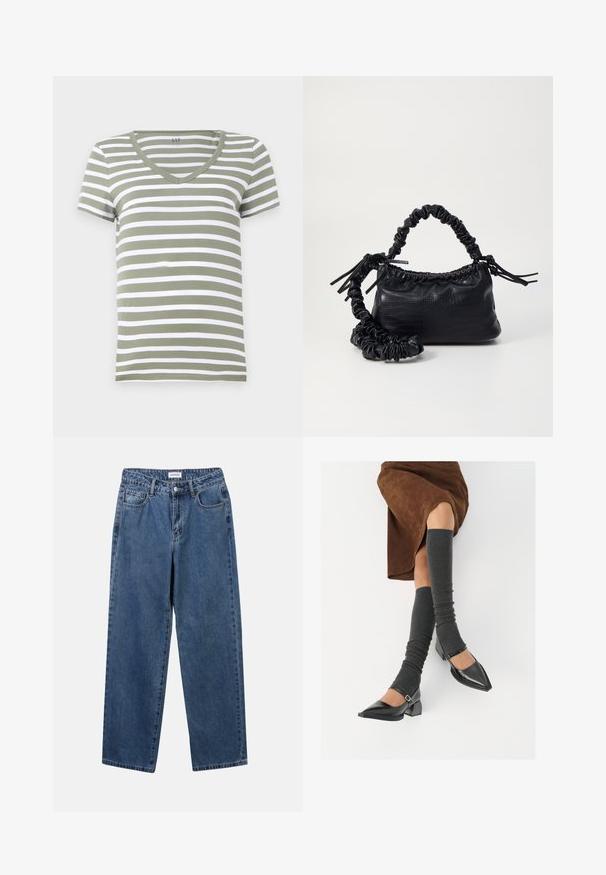 Olivgrön och vit randig bomull T-shirt med V-ringning och korta ärmar. Slät textur, vanlig passform, minimalistisk design.; Klassiska blå denimjeans med rak benform, fem fickor och knäppning. Har en medelblå tvättning och stadig textur.; Svarta lackläderskor med spetsig tå, blockklack och ankelrem, i kombination med grå ribbade benvärmare och en brun mockakjol.; Svart faux läderhandväska med krokodiltextur, snodd topp och en skrämd rem. Ser mjuk och kompakt ut i designen.