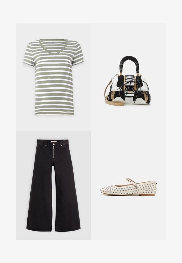 T-shirt de algodão listrado em verde oliva e branco com decote em V e mangas curtas. Textura suave, corte regular, design minimalista.; Calças de ganga de perna larga em denim preto com fecho éclair à frente, design de cinco bolsos e detalhes de costura subtil. Textura suave e estilo casual.; Sapatos brancos planos com bico arredondado, adornados com tachas prateadas, apresentando uma faixa decorativa sobre o peito do pé e um salto baixo.; Bolsa multicolorida com malha preta, branca e bege. Apresenta uma alça texturizada, design de cordão e strap removível para o ombro.
