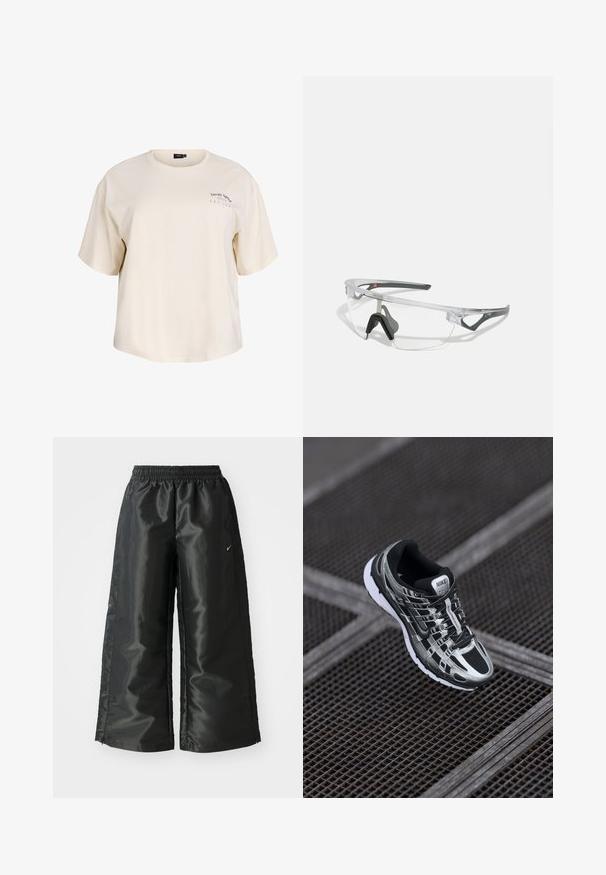 Kremkrāsas kokvilnas t-krekls ar brīvu piegriezumu, īsām piedurknēm un apaļu kakla izgriezumu. Dizainā iekļauta maza drukāta teksta daļa kreisajā krūtīs.; Melnas sporta bikses ar spīdīgu, gludu audumu, aprīkotas ar elastīgu jostu, platām kājām un mazu logotipu kreisajā pusē.; Nike skriešanas apavi ar melnas un sudraba krāsas shēmu, acs augšdaļu, teksturētu zoli un saistes sistēmu drošai piegulšanai.; Skidras aizsargbrilles ar vieglu, caurspīdīgu rāmi un pelēkiem akcentiem. Iespējas ietver apvērsto dizainu un regulējamu deguna atbalstu.