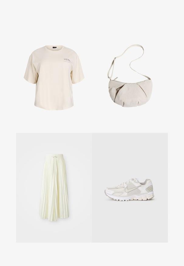 Cream-colored cotton t-shirt with a relaxed fit, short sleeves, and a round neckline. Features small printed text on the left chest area.; Pleated midi skirt in light yellow fabric, featuring an elastic waistband with a tie, smooth texture, and vertical stripes for added detail.; White athletic shoe with mesh and synthetic materials. Features a textured design, padded collar, and geometric accents on the heel.; Light beige fabric crossbody bag with a pleated design, adjustable strap, and a zip closure. Soft texture, rounded shape, minimalist style.
