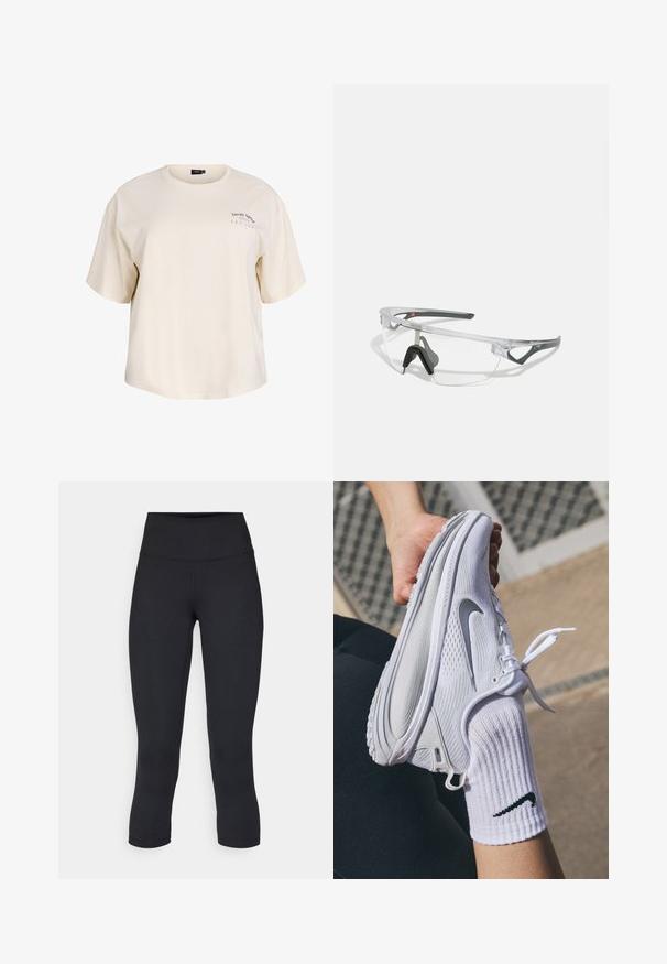 Kreemivärvi puuvillane T-särk, millel on lõdvem istuvus, lühikesed varrukad ja ümar kaelus. Vasakul rinnaosas on väike trükitud tekst.; Mustad mustad õhukesed leggingud, mis on valmistatud venivast kangast, kõrge vöökoha ja siledaga, ilma nähtavate mustrite või metalldetailideta.; Valge spordijalanõud tekstuuriga disainiga ja hall Nike logo, hoitakse üle valge sokk. Jalanõudel on paindlik tall ja nöörid.; Selged ohutusprillid kerge, läbipaistva raami ja hallide aktsentidega. Omab ümbritsevat disaini ja reguleeritavat ninatükki.
