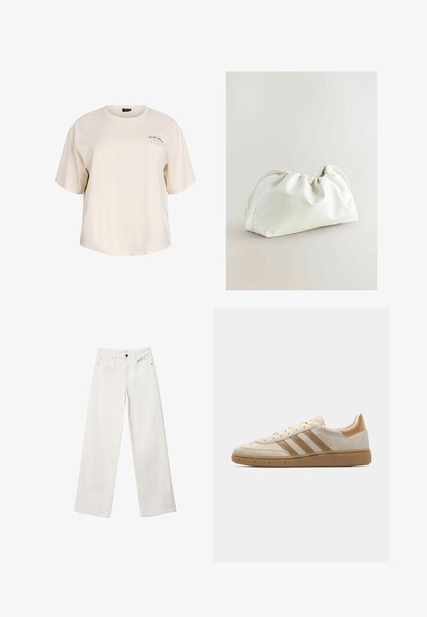 Cremefarbener Baumwoll-T-Shirt mit lockerem Schnitt, kurzen Ärmeln und Rundhalsausschnitt. Mit kleinem bedrucktem Text im linken Brustbereich.; Weiße Schlagjeans aus Denim, mit hoher Taille, Fünf-Taschen-Design und Metallknopfverschluss. Glatte Textur, ohne Muster.; Beige Wildledersneaker mit hellbraunen Akzenten. Verfügt über drei braune Streifen, eine strukturierte Gummisohle und ein rundes Zehendesign.; Weiße Kunstledertasche mit gerafftem Design, Kordelzugverschluss und glatter Textur. Geschwungene Form mit sanften Falten und minimalen Beschlägen.