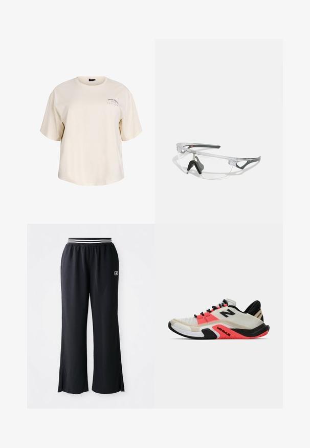 Kremkrāsas kokvilnas t-krekls ar brīvu piegriezumu, īsām piedurknēm un apaļu kakla izgriezumu. Dizainā iekļauta maza drukāta teksta daļa kreisajā krūtīs.; Melnas sportiskās bikses ar plašu kāju dizainu, elastīga josta ar melnbaltām svītrām un sānu šķeltnēm apakšmalā.; New Balance MINIMUS TR - Treniņkurpes - sea salt; Skidras aizsargbrilles ar vieglu, caurspīdīgu rāmi un pelēkiem akcentiem. Iespējas ietver apvērsto dizainu un regulējamu deguna atbalstu.