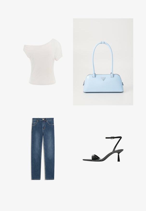 Tricou alb, fără umeri, realizat dintr-un material moale și ușor. Mâneci scurte, formă ajustată și detalii cu margini rulate. Textură netedă.; Jeans din denim albastru închis cu croială dreaptă, cinci buzunare, detalii subtile de cusătură și un nasture metalic la talie.; Bershka Sandale cu toc - black; Geantă de mână bleu deschis, cu o formă structurată, din piele netedă, două mânere și un logo de brand triunghiular pe față. Închidere cu fermoar.
