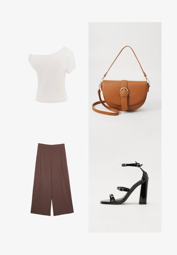Weißes Off-Shoulder-T-Shirt aus weichem, leichtem Stoff. Kurze Ärmel, taillierte Form und gerollter Saum. Glatte Textur.; Braune Weite-Leg-Hosen mit einer glatten Textur, hoher Taille und Vorderfalten. Der Stoff ist leicht und fällt locker.; Schwarze patentierte Sandalen mit Absatz, quadratischer Spitze, Knöchelriemen und silbernen Schnallen. Mit einem stabilen Blockabsatz für mehr Stabilität.; Braune Leder-Crossbody-Tasche mit geschwungener Form, goldfarbenen Beschlägen und einer Schnallenakzentuierung. Verfügt über einen abnehmbaren Schultergurt.