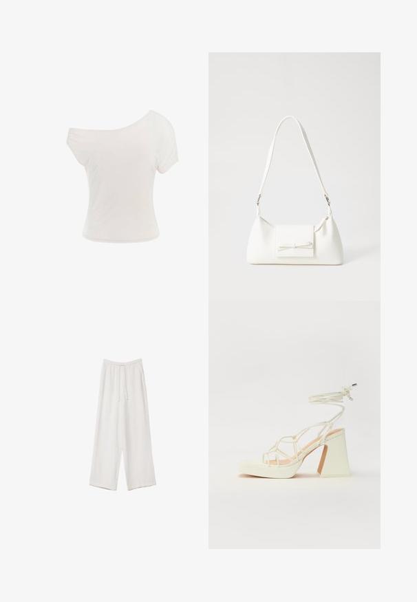 Weißes Off-Shoulder-T-Shirt aus weichem, leichtem Stoff. Kurze Ärmel, taillierte Form und gerollter Saum. Glatte Textur.; Weiße weit geschnittene Hose aus leichtem Stoff. Mit einem elastischen Bund und Kordelzug sowie Seitentaschen. Glatte Textur.; Weiße High-Heel-Sandale mit einem klobigen Absatz, die über ein Riemchendesign und ein Knöchelband verfügt. Glatte Textur mit einer Plattform vorne für zusätzliche Höhe.; Weiße synthetische Handtasche in dreieckiger Form, flache Vorderklappe und Schleifendetail, verstellbarer Trageriemen, glatte Textur und minimalistisches Design.