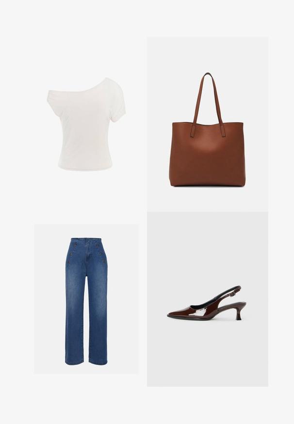 Witte off-shoulder t-shirt gemaakt van zachte, lichte stof. Korte mouwen, aansluitende pasvorm en gerolde zoomdetails. Gladde textuur.; Hoge taille denim jeans in medium blauw. Bevat knopen aan de voorkant en een wijde pijpontwerp. De stof heeft een gladde textuur met een lichte vervaging.; Bruine gepatineerde leren slingback-schoen met een spitse neus en een gematigd hakje. Voorzien van een gespsluiting voor een veilige pasvorm. Glad van textuur.; Bruine leren tote bag met een gladde textuur, een ontwerp met een open bovenkant en twee schouderbanden. Kenmerkt zich door minimale stiksels en geen zichtbare hardware.
