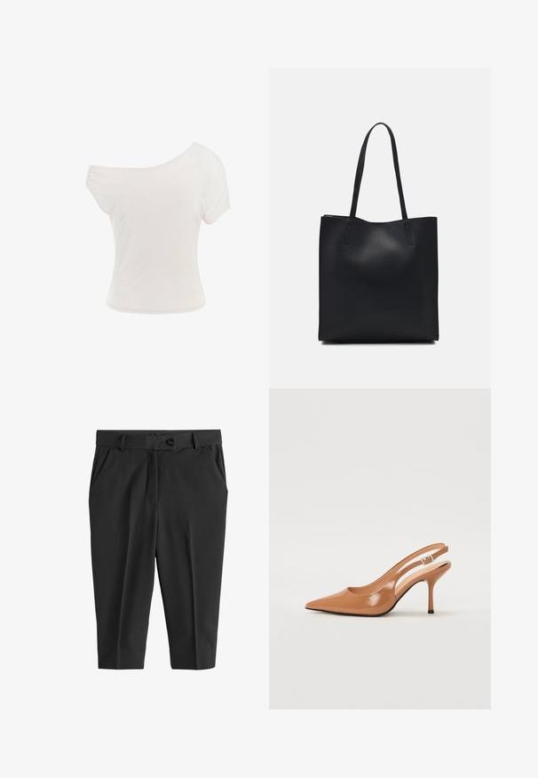 Valge õlgadelt avatud t-särk, mis on valmistatud pehmest ja kerge kangast. Lühikesed varrukad, keha lähedane lõige ja kokkuveeritud äärte detail. Sile tekstuur.; Mustad püksid ees kortsudega, nööbi sulgemise ja küljetaskutega. Sile kangas, lühendatud pikkus ja voolav siluett.; Küüntega slingback konts, mis on valmistatud siledast ja läikivast tan värvi materjalist. Omab kaarjat lõigatud disaini ja õhukest stiletto kontsa. Hõbedane pandla detail.; Mustast nahast kott sujuva tekstuuriga, ristkülikukujuline ja kahe pika sangaga. Pole nähtavat riistvara ega kaunistusi.