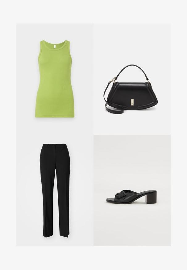 Vihreä ribbikuvioinen puuvillapaita, jossa on pyöreä kaula-aukko ja hihaton muotoilu. Sujuva rakenne ja istuva malli.; Mustat räätälöidyt housut suoraa lahjetta, joissa on sileä pinta ja terävät taitteet edessä. Ei näkyvää metalliosaa.; BOSS CHARLIZE - Korolliset pistokkaat - black; Mustalla nahkalaukulla, jossa on jämäkkä muotoilu, lyhyt malli, yläkahva ja kultaiset yksityiskohdat. Säädettävä olkahihna sisältyy.