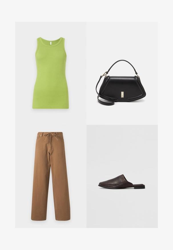 Zeleni top bez rukava izrađen od rebraste pamuka, s okruglim izrezom. Glatka tekstura i uski kroj.; Smeđe široke hlače izrađene od pamuka, sa podesivim pojasom i dva prednja džepa. Teksturalna tkanina s glatkom završnom obradom.; Crni slip-on mule izrađen od teksturiranog materijala s uzorkom gmazova, s niskom, ravnom potpeticom i zaobljenim, otvorenim vrhom.; Crna kožna torba s strukturiranim dizajnom, s krojenim oblikom, gornjom drškom i zlatnim detaljima. Uključena je podesiva ramena traka.