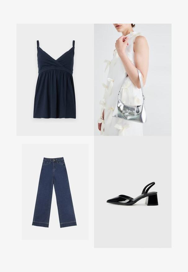 Tumesinine kampsun antibasi, millel on reguleeritavad rihmad, pitsäärisega V-kaelus ja kogutud rinnaosa vabakujuline ja mugav istuvus. Pehme ja veniv kangas.; Laiad püksid tumedast sinisest denimist. Omab viit taskut, vöölõke ja toore äärega allosas, kus on nähtavad õmblused.; Mustad musta lakknahk kingad, millel on terav varvas ja geomeetriline plokkkonts. Omab elegantselt minimalistlikku disaini ja sujuvat tekstuuri.; Hõbedane metallik käekott struktureeritud kujuga, millel on ülemine sang ja ettepoole suunatud paeladetail. Sile tekstuur, peegeldav viimistlus.