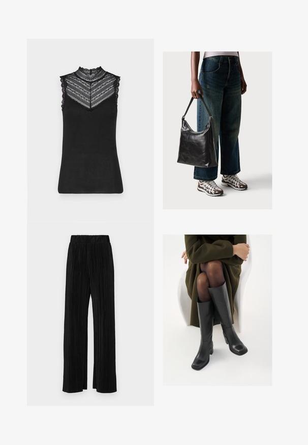 Top sem mangas preto com um colarinho alto de renda, textura canelada e detalhes intrincados de renda ao longo dos ombros e do decote.; Calças pregueadas pretas com uma cintura elástica. Apresentam pernas largas e um tecido liso, texturizado com riscas verticais.; Botas de couro pretas até ao joelho com biqueira quadrada e salto em bloco, apresentadas com um modelo sentado num casaco verde-azeitona. Textura lisa, com detalhes mínimos.; Bolsa de ombro em couro preto com textura suave e alça ajustável, combinada com jeans de perna larga desbotados e ténis desportivos.