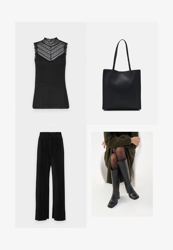 Must lillepaita, millel on kõrge pitsist krae, rib tekstuur ja keerukas pitsi detail õlgadel ja kaeluses.; Mustad pleekitud püksid elastse vöökohtaga. Omavad laiad jalad ja sujuvat, tekstureeritud kangast vertikaalsete triipudega.; Knee-high mustad nahast saapad nelinurkse varbaga ja plokilise kontsaga, esitatud mudeli kõrval, kes istub oliivirohelises mantlis. Sujuv tekstuur, minimaalne detailide arv.; Mustast nahast kott sujuva tekstuuriga, ristkülikukujuline ja kahe pika sangaga. Pole nähtavat riistvara ega kaunistusi.