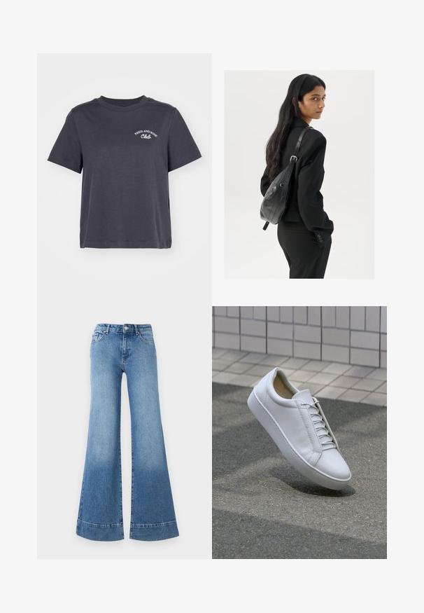 Vero Moda VMATY METTE BOX - T-shirt print - asphal/white; Lichtblauwe denim flared jeans met een hoge taille, wijd uitlopende benen en een lichte vervaging. Heeft een klassiek vijf-pocket ontwerp en een metalen knoopsluiting.; Witte lederen sneaker met een ronde neus, platte zool en zes paar veterogen. Glad textuur en minimalistisch ontwerp met stikseldetails.; Vrouw met lang donker haar in een zwart pak, met een zwart leren schoudertas, die over haar schouder kijkt tegen een witte achtergrond.