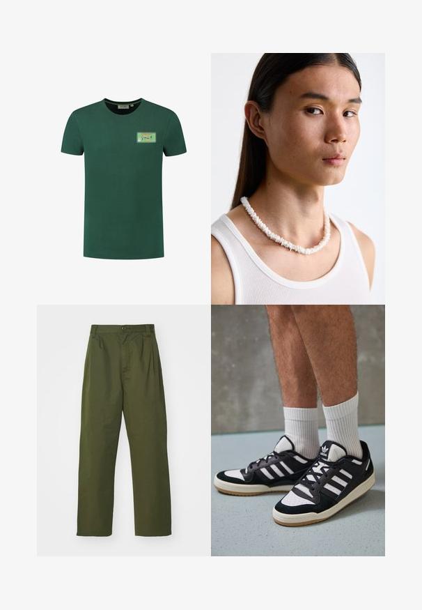 Zaļš kokvilnas T-krekls ar apaļu kakla izgriezumu, īsām piedurknēm un grafisku attēlu ar sardīnēm uz etiķetes kreisajā krūts daļā.; Olīvzaļas augstas vidukļa bikses ar taisnu kāju dizainu. Izgatavotas no viegla auduma, ar priekšu krokām un pogu aizdari.; Melnas un baltas kedas ar zamša un ādas augšdaļu, kas aprīkotas ar trim baltām svītrām, perforētu purngali un gumijas zolēm.; Balta čaulu kaklarota, kas sastāv no neregulārām formām, valkāta virs pieguļošas baltas topiņas. Gluda tekstūra ar smalku spīdumu, cieši piegulošs dizains.