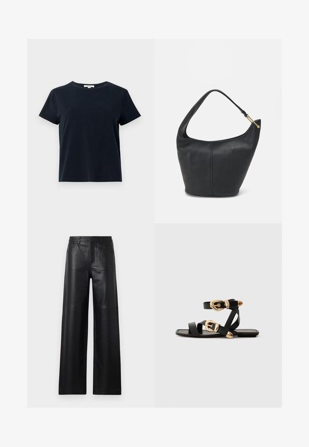Ciemnoniebieska koszulka z krótkim rękawem, wykonana z miękkiej bawełny, z okrągłym dekoltem i luźnym krojem. Brak widocznych wzorów lub akcentów.; Szerokie czarne skórzane spodnie o gładkiej fakturze, z przednimi kieszeniami, zapięciem na guzik i subtelnymi detalami szycia.; Czarne skórzane sandały z złotymi klamrami, z wieloma paskami i płaską podeszwą, idealne do noszenia na gołe palce.; Czarna skórzana torebka o okrągłym kształcie, z szerokim paskiem i teksturowanym wykończeniem. Posiada subtelny detal szwu i akcenty w odcieniu złota.