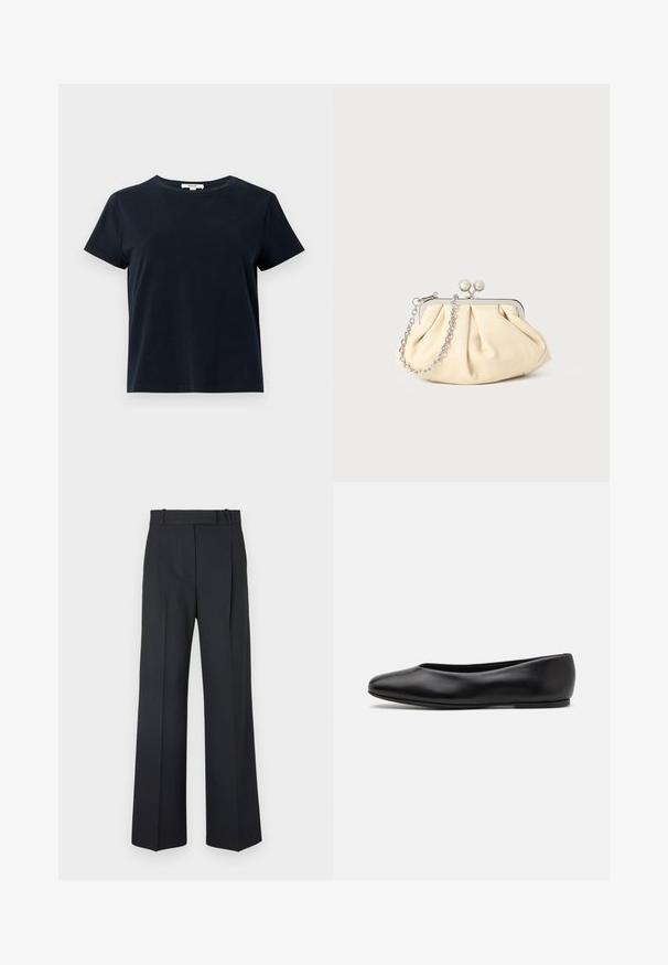 T-paita tummansinisestä pehmeästä puuvillasta, lyhyillä hihoilla, pyöreällä kaula-aukolla ja rentoa istuvuutta. Ei näkyviä kuvioita tai somisteita.; Tummansiniset raidalliset housut, joissa on korkea vyötärö, leveät lahkeet ja ei näkyviä metalliosia tai koristeita. Sileä pinta ja räätälöity istuvuus.; Paul Smith TOPANGA - Ballerinat - black; Beige nahkaista kassi, jossa on laskostus ja hopeinen metallirunko, kaksi pyöreää koristeellista solkea sekä hopeaketjuolkayh.