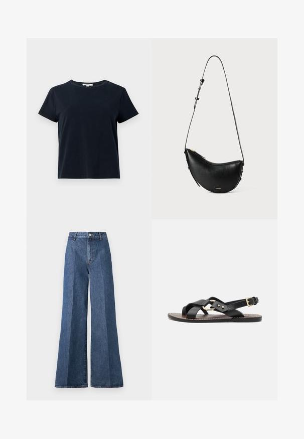 Dunkelblaues, kurzärmliges T-Shirt aus weicher Baumwolle, mit rundem Halsausschnitt und lockerer Passform. Keine sichtbaren Muster oder Akzente.; Weite blaue Jeans mit hoher Taille, im klassischen Five-Pocket-Stil und mit Knopfverschluss, aus strukturierter Baumwollstoff gefertigt.; Schwarze Leder-Sandale mit gekreuzten Riemen und einem kreisförmigen Akzent in Goldoptik. Flache Sohle mit einem Schnallenverschluss am Knöchel.; Schwarze Lederhandtasche mit geschwungener Form und einem verstellbaren Riemen. Sie verfügt über einen Reißverschluss und minimalen goldenen Beschlägen.