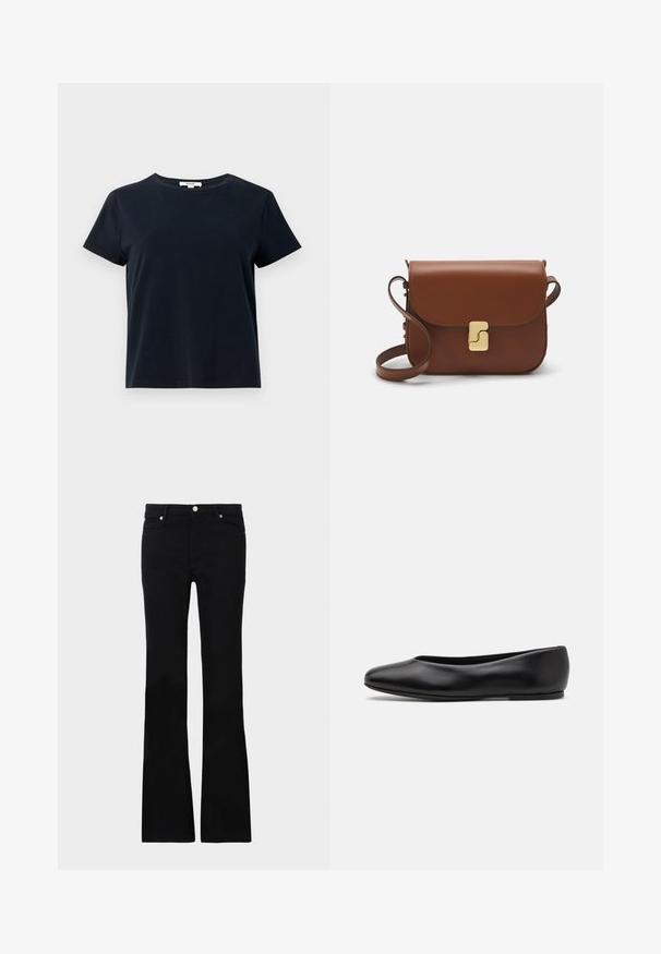 Donker marineblauwe korte mouwen T-shirt, gemaakt van zachte katoen, met een ronde halslijn en een ontspannen fit. Geen zichtbare patronen of accenten.; Zwarte flared jeans van denim, met twee voorzakken, een knoopsluiting en een gladde textuur. Kenmerkende stiksels zichtbaar bij de naden.; Paul Smith TOPANGA - Ballerina's - black; Bruine leren handtas met een klep sluiting, gouden hardware, een schouderband en een gladde textuur. Compact rechthoekige vorm.