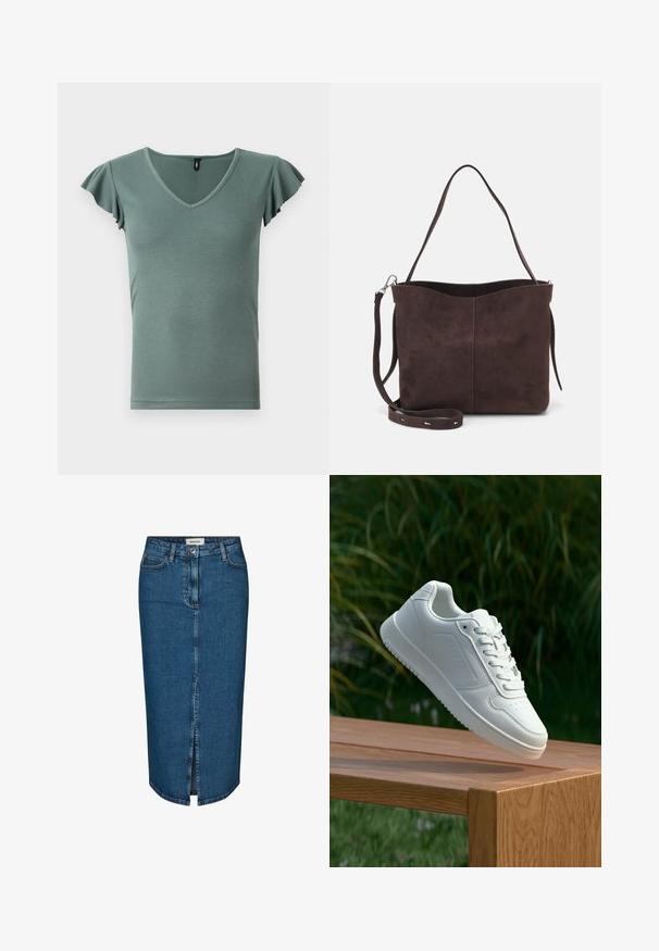 Lys grønn ribbet kortermet topp med V-hals og volangerm, med en tettsittende fasong og glatt tekstur.; Mørkeblå denim blyantskjørt med frontslitt, fem lommer og kontraststing. Midjehøyde med klassisk design.; Hvite sneakers med en glatt syntetisk overdel, perforert tåboks, flate snørebånd og en teksturert såle, vist på en treflate.; Brun semsket stoff tote-veske med en myk tekstur, som har en enkelt skulderrem og en subtil buet toppåpning. Ingen synlige maskindetaljer.