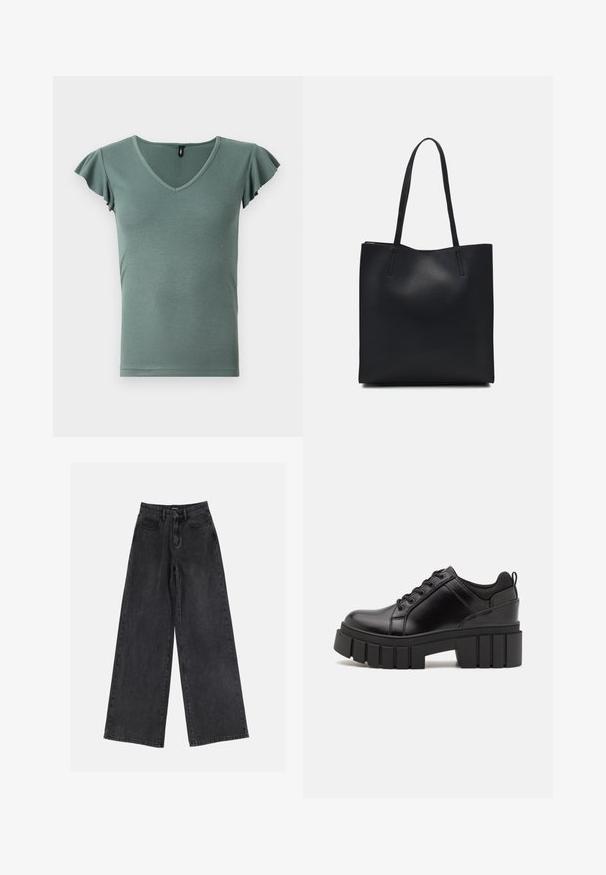 Lys grøn ribbet kortærmet top med V-hals og flæser på ærmerne, der har en tætsiddende form og glat tekstur.; Sorte vidde denimjeans med høj talje, klassisk fem-lomme design og subtil falmning. Holdbart stof med en glat tekstur.; Sorte læder platform sko med en klodset blokhæl, rund tå og traditionelt snøredesign. Har en glat tekstur og minimal detaljering.; Sort læder tote taske med glat tekstur, rektangulær form og to lange hanke. Ingen synlig hardware eller udsmykninger.