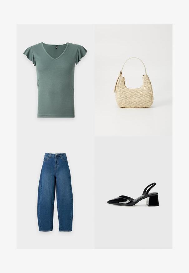 Light green ribbed short-sleeve top with a V-neck and ruffled sleeves, featuring a fitted shape and smooth texture.; Denim jeans in a medium blue wash, featuring a high waist, wide leg cut, and standard five-pocket design with visible stitching details.; Black patent leather slingback heels with a pointed toe and a geometric block heel. Features a sleek, minimal design and smooth texture.; Woven straw handbag in beige with a curved shape, a short handle, and a side zipper. Features textured surface and minimalistic design.