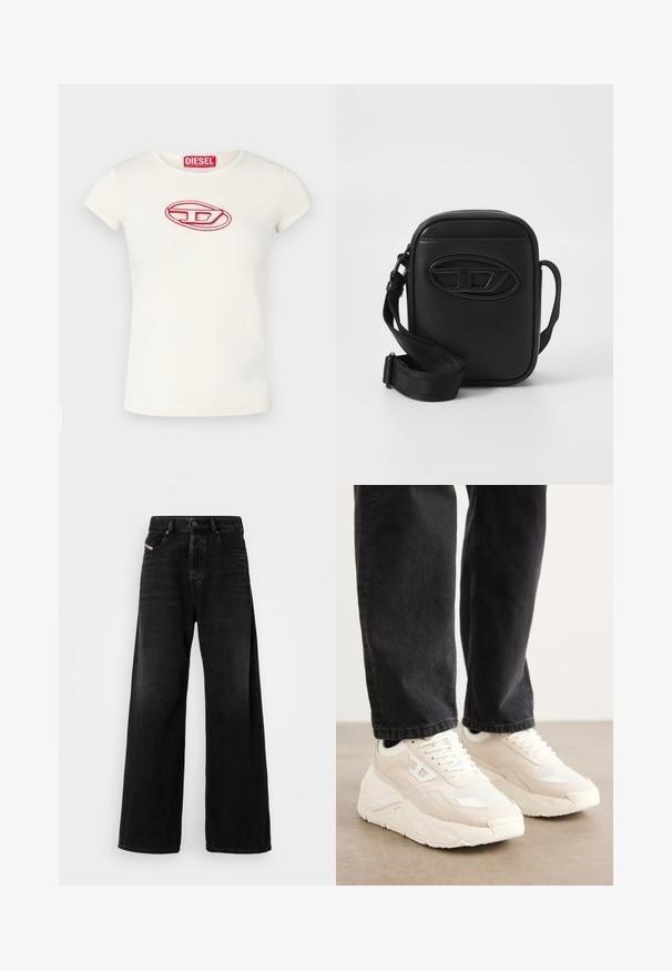 Grietos spalvos trumpomis rankovėmis marškinėliai pagaminti iš medvilnės. Priekyje yra raudonas siuvinėjimas ovalo formos. Apvalaus kaklo dizainas.; Plačios juodos džinsinės kelnės su aukštu liemeniu, turinčios mygtuką, priekinėmis kišenėmis ir išblukusia faktūra.; Šviesiai rudos sportbačiai su tekstūruotu audiniu ir baltu guminiu padu. Turi minimalistinį dizainą ir subtilų logotipo detalę šone.; Mažas juodas stačiakampis per petį nešiojama rankinė su reguliuojama audiniu juosta ir iškilmingu ovaliu logotipo ženklu priekinėje pusėje.