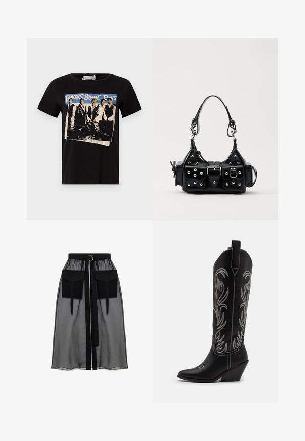 Tricou din bumbac negru cu un imprimeu grafic vintage ce prezintă un grup și textul "Backstreet Boys" în albastru, cu margini uzate. Mâneci scurte.; Fustă neagră transparentă cu un talie plisată, având două buzunare mari în față, un cordon pentru talie și un accent metalic circular.; Bocanci de cowboy din piele neagră, cu vârfuri ascuțite, toc wedge și modele florale brodate cu fir argintiu de-a lungul tijei. Cusături în contrast pe întreaga suprafață.; Geantă de piele neagră cu un design curbat, dotată cu studuri argintii, o cataramă și două buzunare laterale. Curea ajustabilă pentru opțiuni de transport.