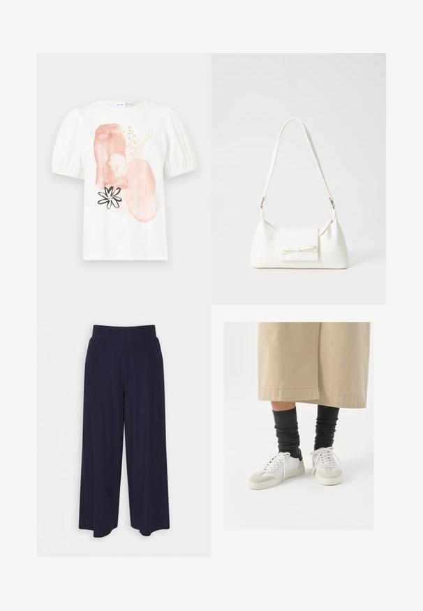 Balti trumpu rankovėmis marškiniai su pūstomis pečių detalėmis, kuriuose yra abstrakčios rožinės ir auksinės spalvų raštai, o priekyje yra juodas gėlių motyvas.; Plati kojinės tamsiai mėlynos spalvos audiniu su vagelėmis. Turi lygų juosmenį ir laisvą siluetą, kuris siekia iki pusės blauzdos.; Balti ir pilki sportbačiai su juodu kulno akcentu, kurių viršus pagamintas iš lygaus odos, o pirštai padengti tekstūruotu zomšiniu paviršiumi. Dėvimi su tamsiai pilkomis, laisvai krentančiomis kojinėmis.; Balta sintetinė rankinė trikampio formos, plokščiu priekiu su užsegimu, kaspino detale, reguliuojama dirželiu, lygia tekstūra ir minimalistišku dizainu.