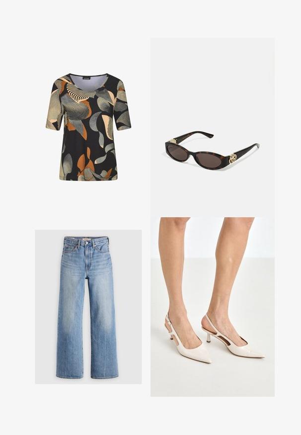 Short-sleeve black top with abstract patterns in beige, orange, and gray. Features a crew neckline and a relaxed fit. Smooth fabric texture.; White button-up shirt made of smooth cotton with a classic collar, featuring a straight hem and beige buttons along the front.; Light blue denim wide-leg jeans with a high waist, faded areas, five pockets, and contrast stitching. Classic button and zipper closure.; Beige patent leather slingback heels with a pointed toe and 5 cm heel, featuring cut-out sides and a thin ankle strap.; Tortoiseshell sunglasses with elongated oval lenses, brown tint, gold logo accents on temples, and sleek black arms.
