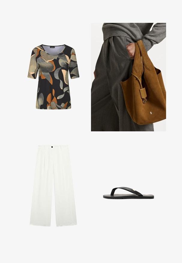 Zwarte top met korte mouwen en abstracte patronen in beige, oranje en grijs. Heeft een ronde hals en een relaxte pasvorm. Soepele stofstructuur.; Wijd uitlopende broeken van witte stof, met een enkele zwarte knop bij de taille, twee frontzakken en een gladde, strakke textuur.; Zwarte flip-flop sandaal met een platte zool, zwarte textuur inlegzool, gladde bandjes en een kleine gouden accent bij de teenpost.; Bruine suède tote bag met een ronde vorm, dubbele handvatten en een metalen hardware accent. Heeft een klein logo aan de voorkant.
