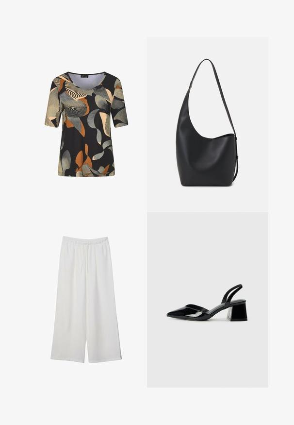 Short-sleeve black top with abstract patterns in beige, orange, and gray. Features a crew neckline and a relaxed fit. Smooth fabric texture.; White wide-leg trousers made of lightweight fabric, featuring an elastic waistband and a drawstring for adjustable fit. Smooth texture.; Black patent leather slingback heels with a pointed toe and a geometric block heel. Features a sleek, minimal design and smooth texture.; Black leather hobo bag with a smooth texture, curved shape, and single adjustable strap; features a wide opening at the top.