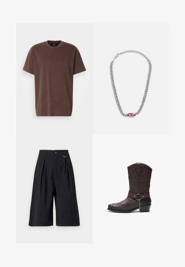 Brązowy T-shirt z krótkim rękawem i okrągłym dekoltem, z małym logo przy dolnym obszyciu i metką marki wewnątrz dekoltu, prezentowany na białym tle.; Czarne spodenki w paski z plisami, z zapięciem na guzik i metalowym akcentem w postaci pierścionka. Gładki materiał, dobrze dopasowany krój oraz długość do kolan.; Brązowy skórzany kowbojski botek z ozdobnym haftem, spiczastym noskiem oraz średniej wysokości blokowym obcasem, ozdobiony paskiem i łańcuszkiem.; Diesel Necklace srebrny