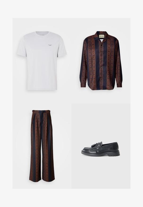 Fehér pamut póló kerek nyakkal, rövid ujjakkal és egy kis fekete logóval a bal mellen. Simább textúrájú és szabványos szabású.; Tengerész stílusú gombos ing virágos geometrikus mintával narancssárga árnyalatokban. Gallérral és hosszú ujjakkal rendelkezik, gombos mandzsettával.; Sötétkék anyagú, széles szárú nadrág, amelyen részletes narancssárga geometrikus minta látható, plissézett elejével és karcsúsított derékrészével.; Fekete bőr loaferek, lekerekített orral, bojtokkal díszített pánttal és vastag talppal, amelynek a felülete mintázott. Sima textúra és klasszikus dizájn.
