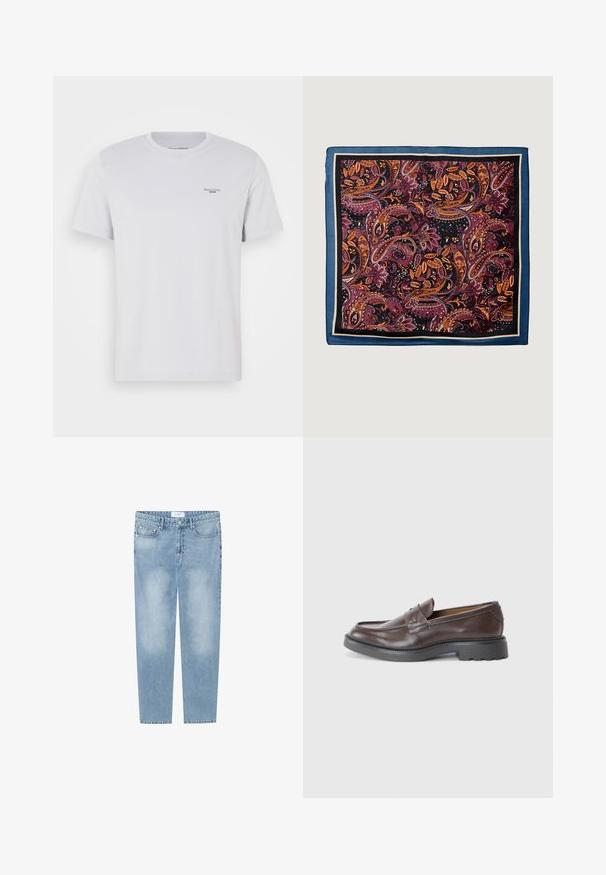 Maglietta bianca in cotone con collo rotondo, maniche corte e un piccolo logo nero sul lato sinistro del petto. Texture liscia e vestibilità standard.; Jeans dritti azzurri chiaro realizzati in denim. Presentano un design a cinque tasche, aree sbiadite e un'etichetta in vita. Senza decorazioni.; Mocassini in pelle marrone con finitura liscia, punta arrotondata, cuciture minime e suola spessa in gomma nera. Nessun hardware o accenti visibili.; Scossa di seta con motivo paisley in rosso scuro, arancione e viola, bordata di blu scuro e nero, con una texture liscia.