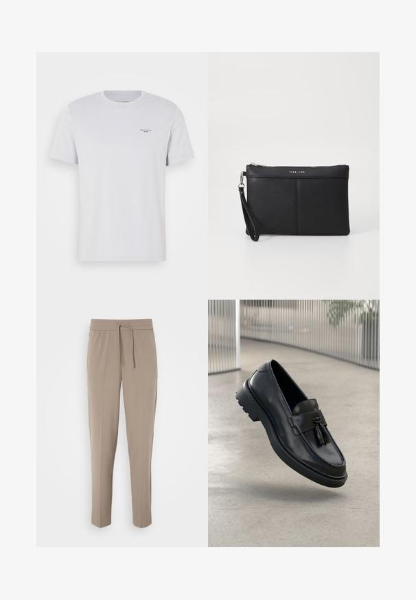 White cotton t-shirt with a crew neck, short sleeves, and a small black logo on the left chest. Smooth texture and standard fit.; Light beige trousers with an elastic waistband, adjustable drawstring, and tapered legs. Fabric appears smooth with a slight sheen.; Black leather loafers with a smooth finish, decorative tassel, thick rubber sole, and stitched accents. Lightweight and sleek design.; Black synthetic clutch with a zip closure, wrist strap, and a smooth texture. Features subtle stitching and a logo embossed on the front.